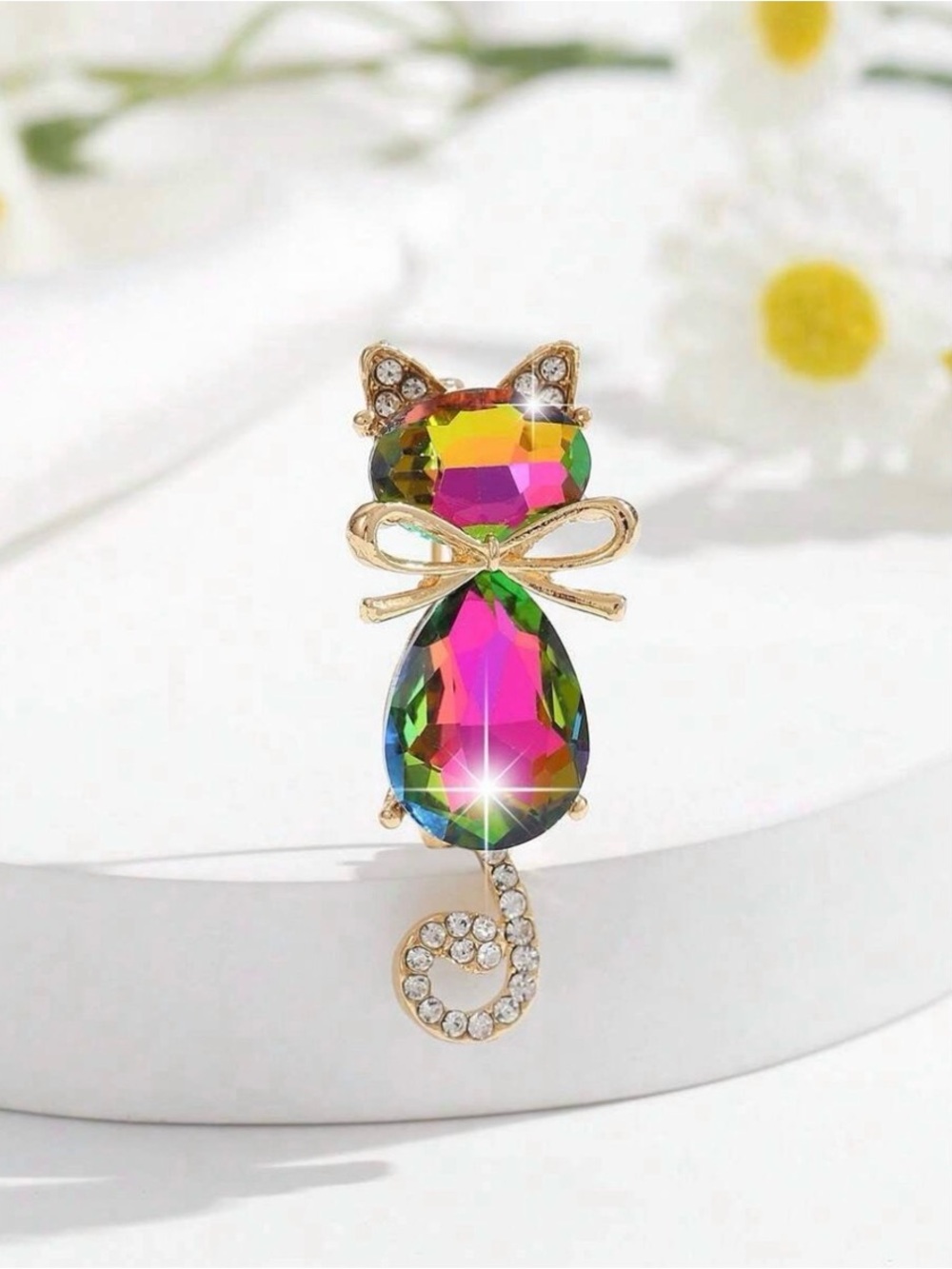 Colorful iridescent golden cat brooch